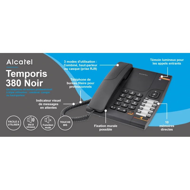 Alcatel Temporis 380 – Téléphone fixe filaire avec prise casque (mains-libres)